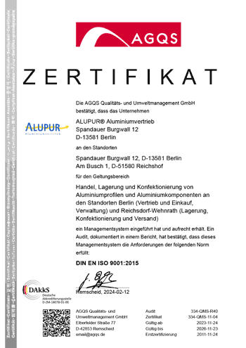Alupur ist ISO 9001 zertifiziert
