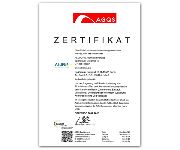 Alupur ist ISO 9001 zertifiziert